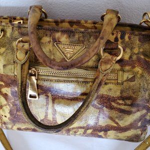 Prada tote top handle bag leather dyed camo brown black beige tan galleria lux